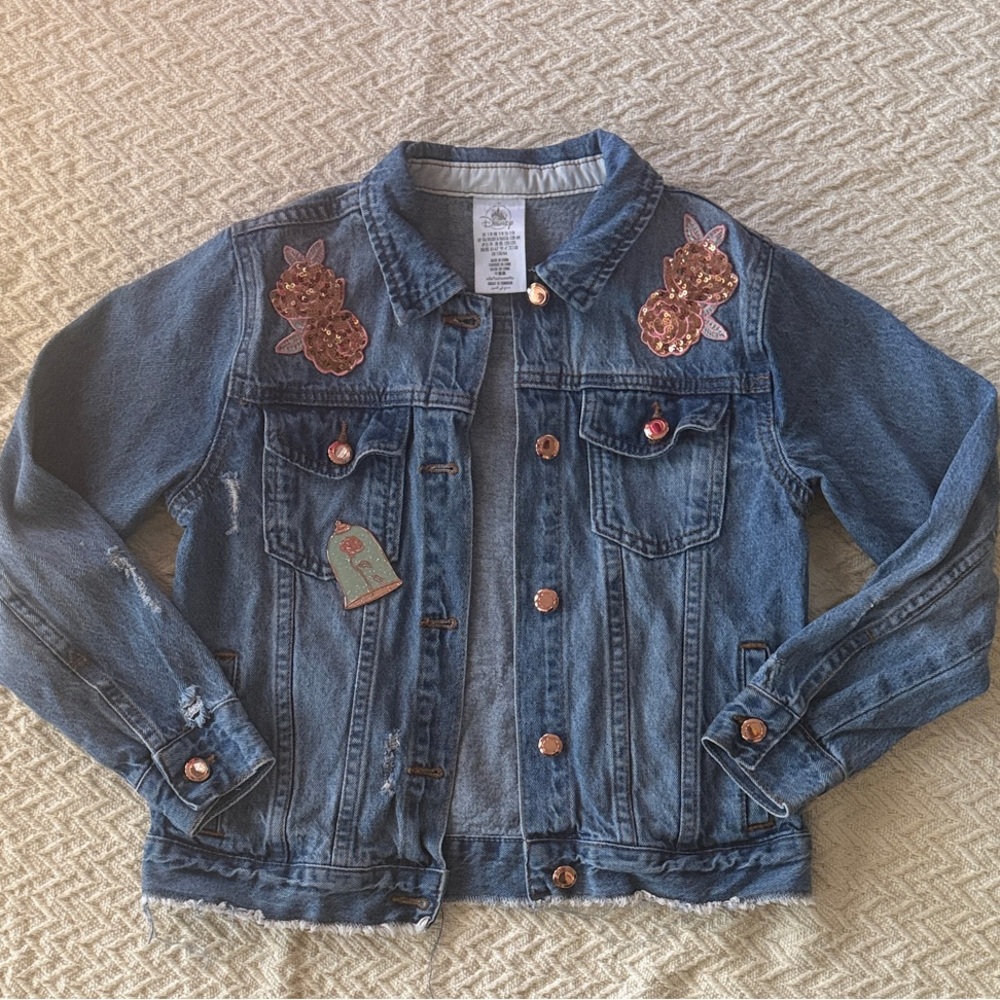 Disney Beauty and the Beast Princess Belle distress Denim Jacket with Rose Gold